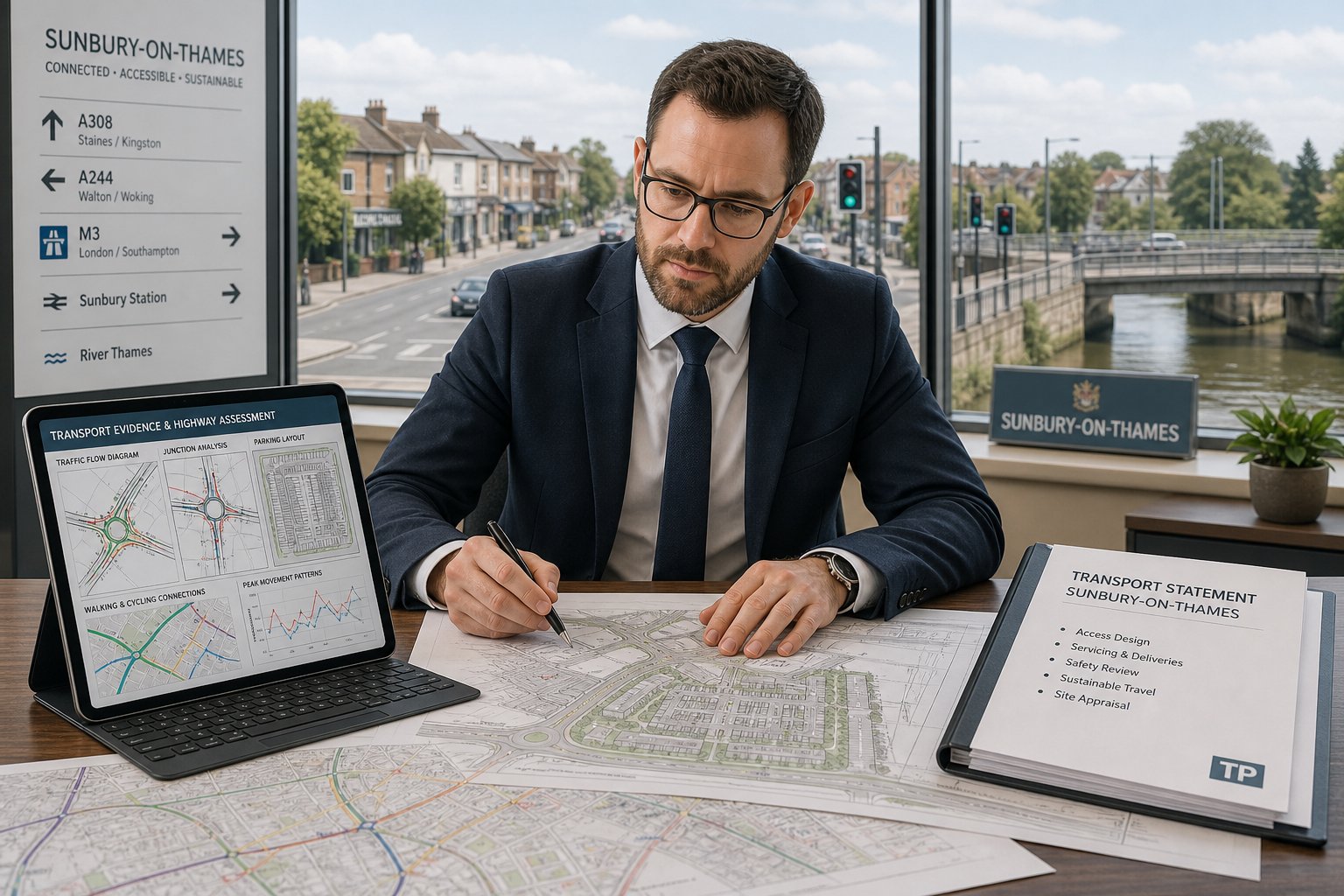 Traffic engineer reviewing local highway plans in a modern Sunbury office.