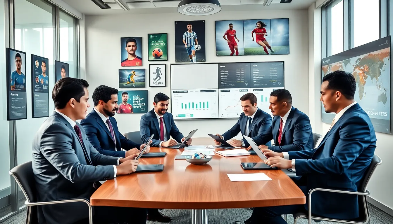 diverse soccer agents strategizing in a modern office setting.