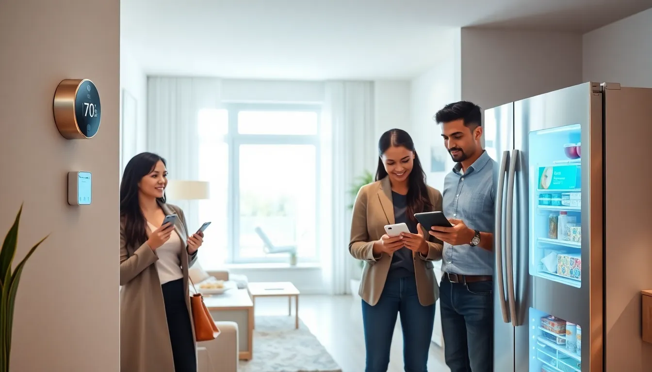 modern living room with smart home devices and diverse professionals discussing technology.