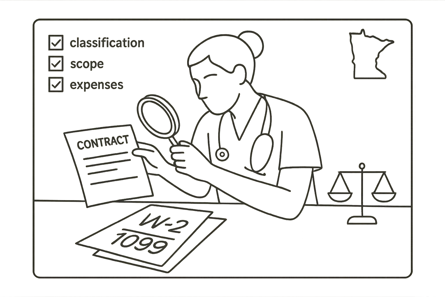 Nurse practitioner examining W‑2 and 1099 contracts with magnifying glass of Minnesota Nurse Practitioner Contract Review.
