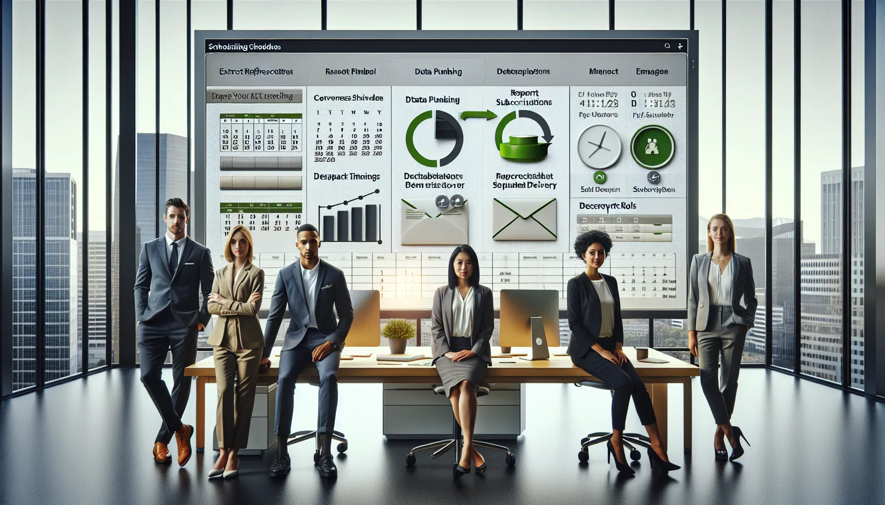 Data professionals review Tableau Server scheduling and subscription settings on a large office screen.