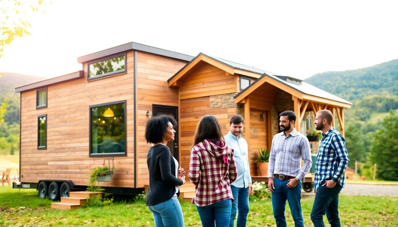 two tiny homes for sale in a green Pennsylvania landscape.