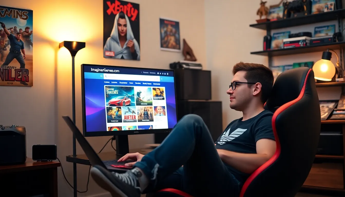 A person gaming at a laptop with a colorful gaming website displayed.