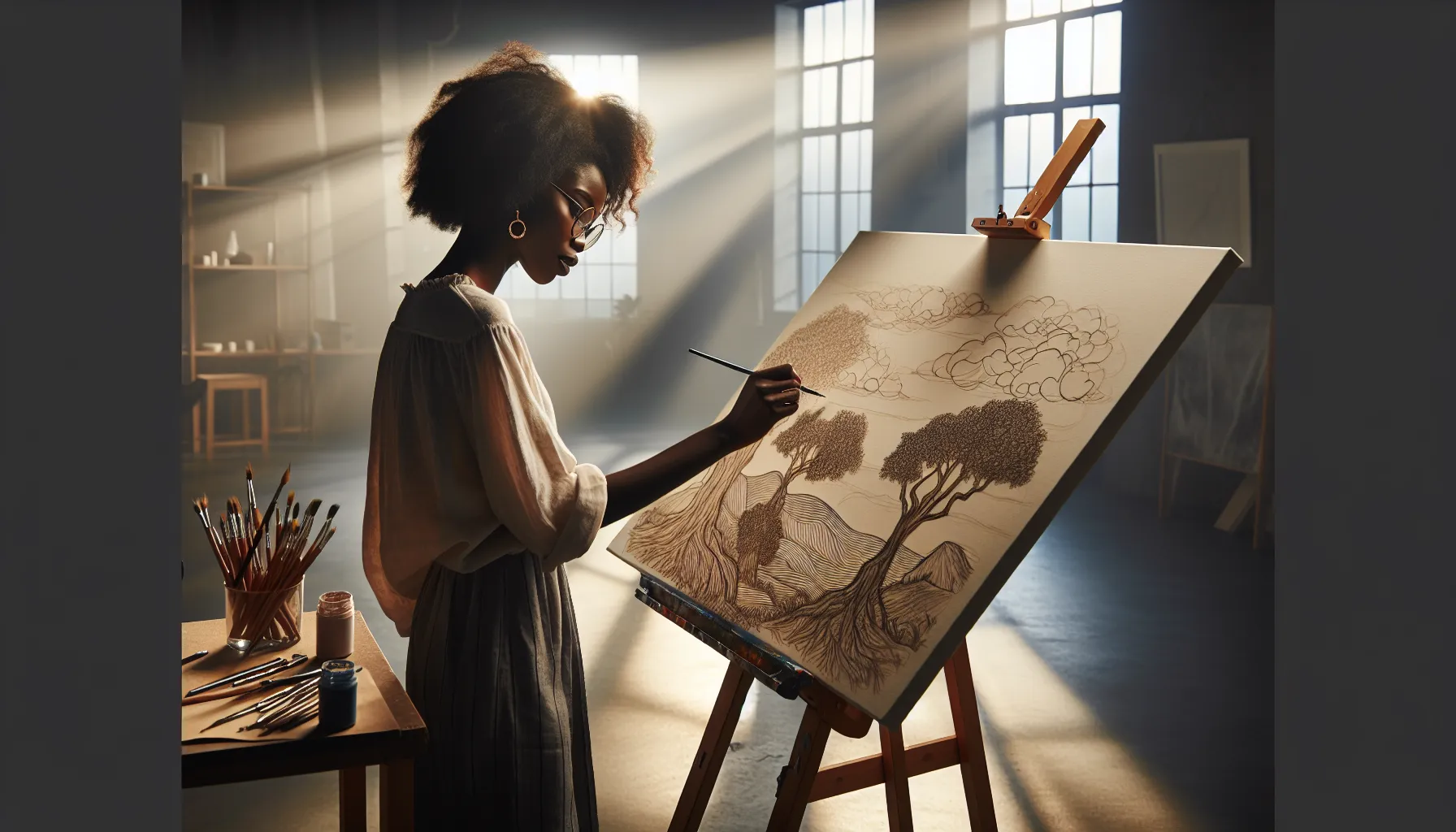 artist sketching an outline of a landscape in a bright studio.