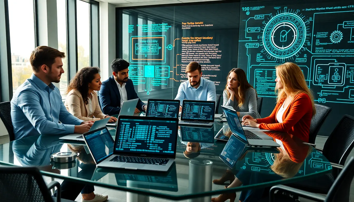 diverse IT team discussing coding in a modern office.