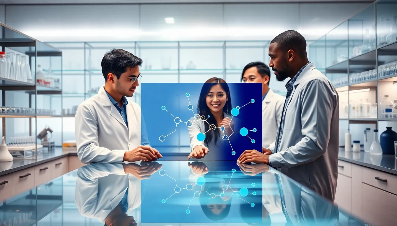 diverse team discussing biochemical research in a modern lab.