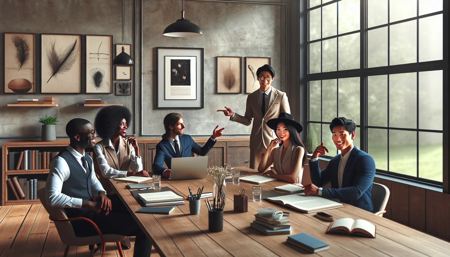 diverse team collaborating in a modern office about book publishing.