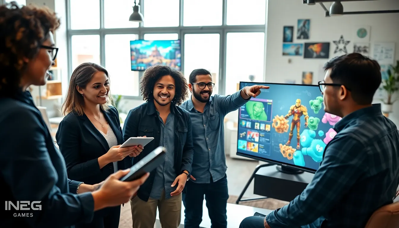diverse team collaborating in a modern game studio office.