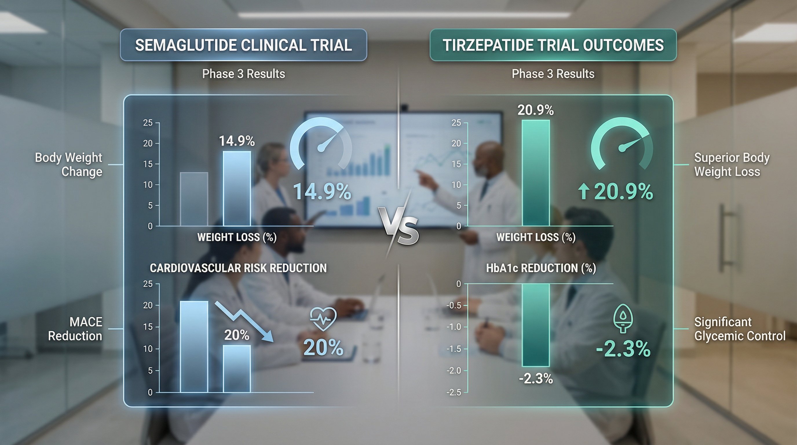 Side-by-side clinical data dashboards comparing tirzepatide and semaglutide weight loss results.