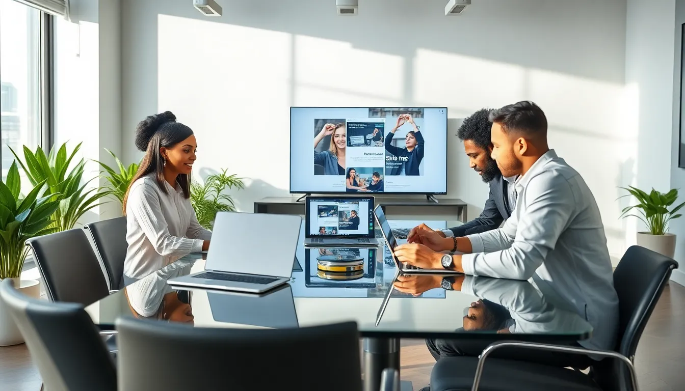 diverse team collaborating on mobile advertising strategies in a modern office.