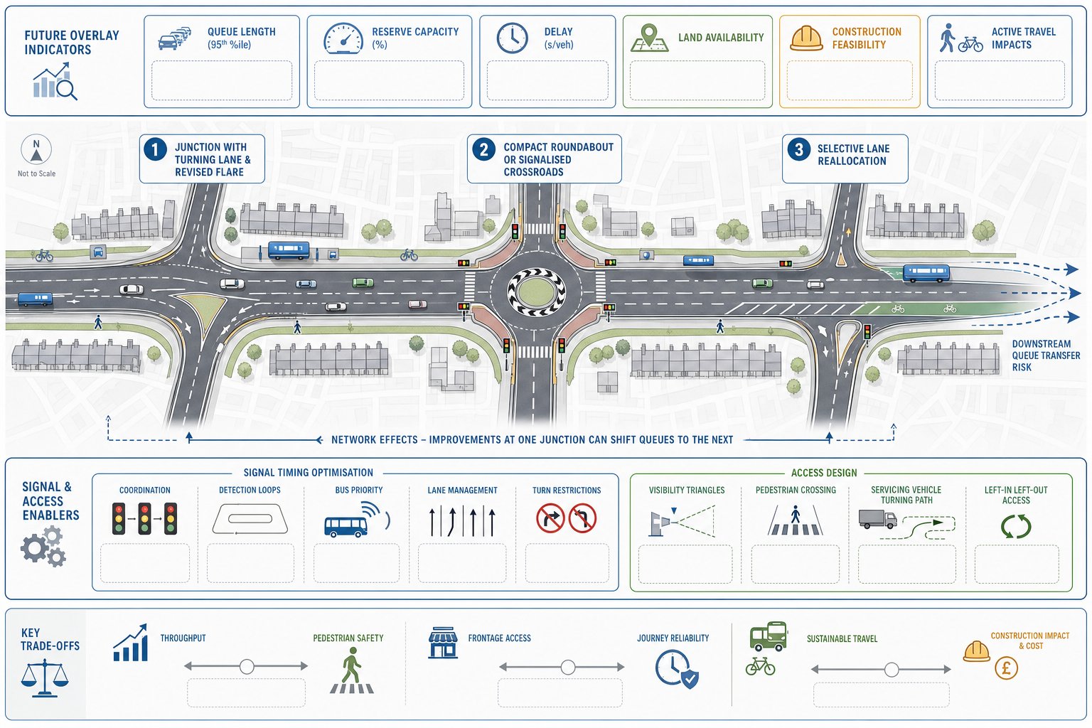UK road corridor infographic showing junction improvements, signal changes, and access design measures.
