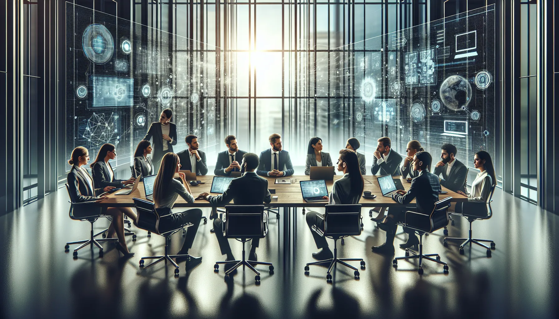 diverse team discussing technology in a modern office.