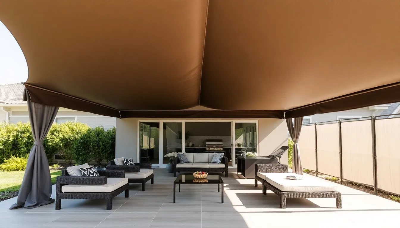 modern outdoor deck with stylish cover and comfortable seating.