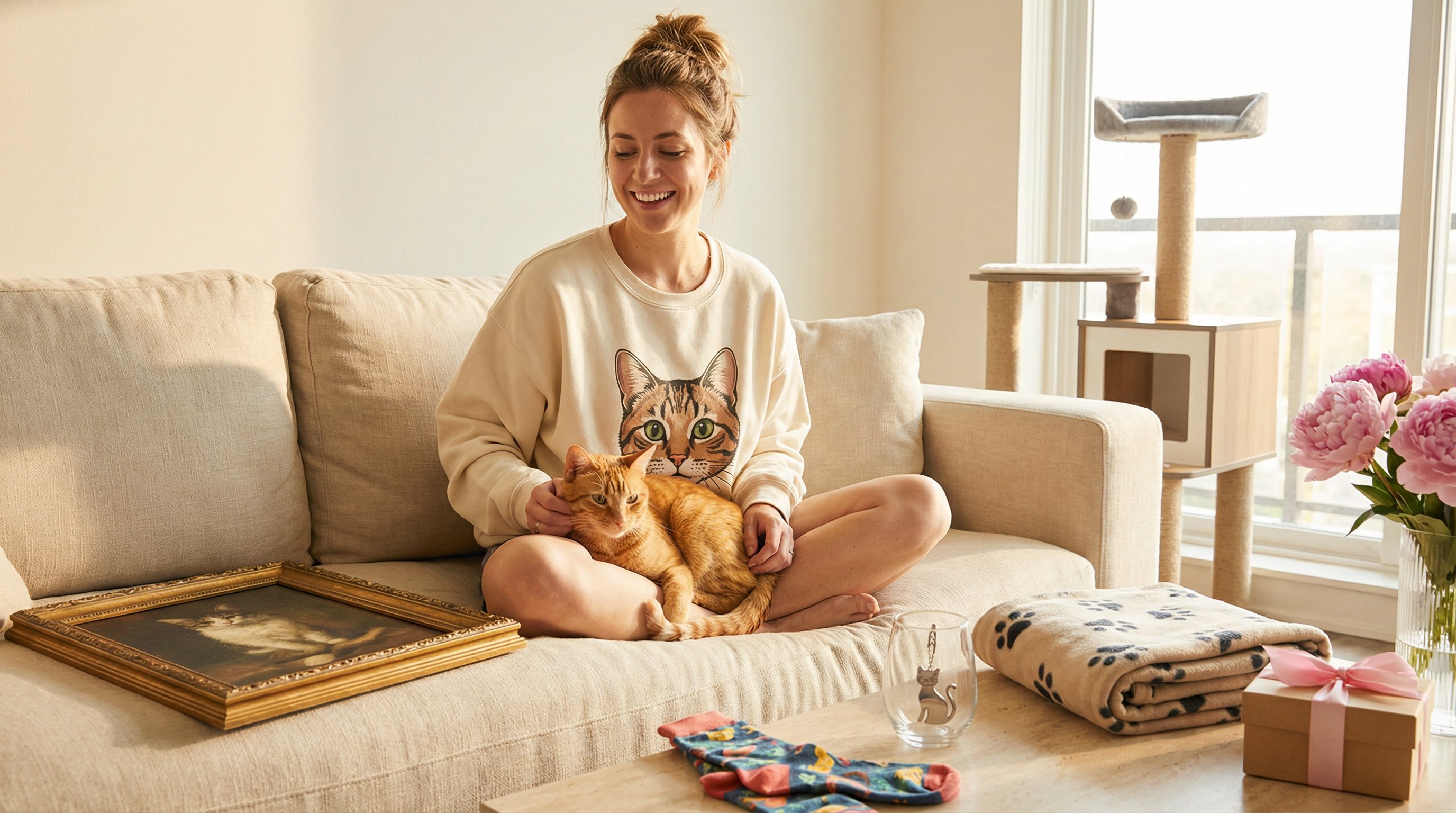 Woman with her cat on a couch surrounded by cat-themed Mother's Day gifts.