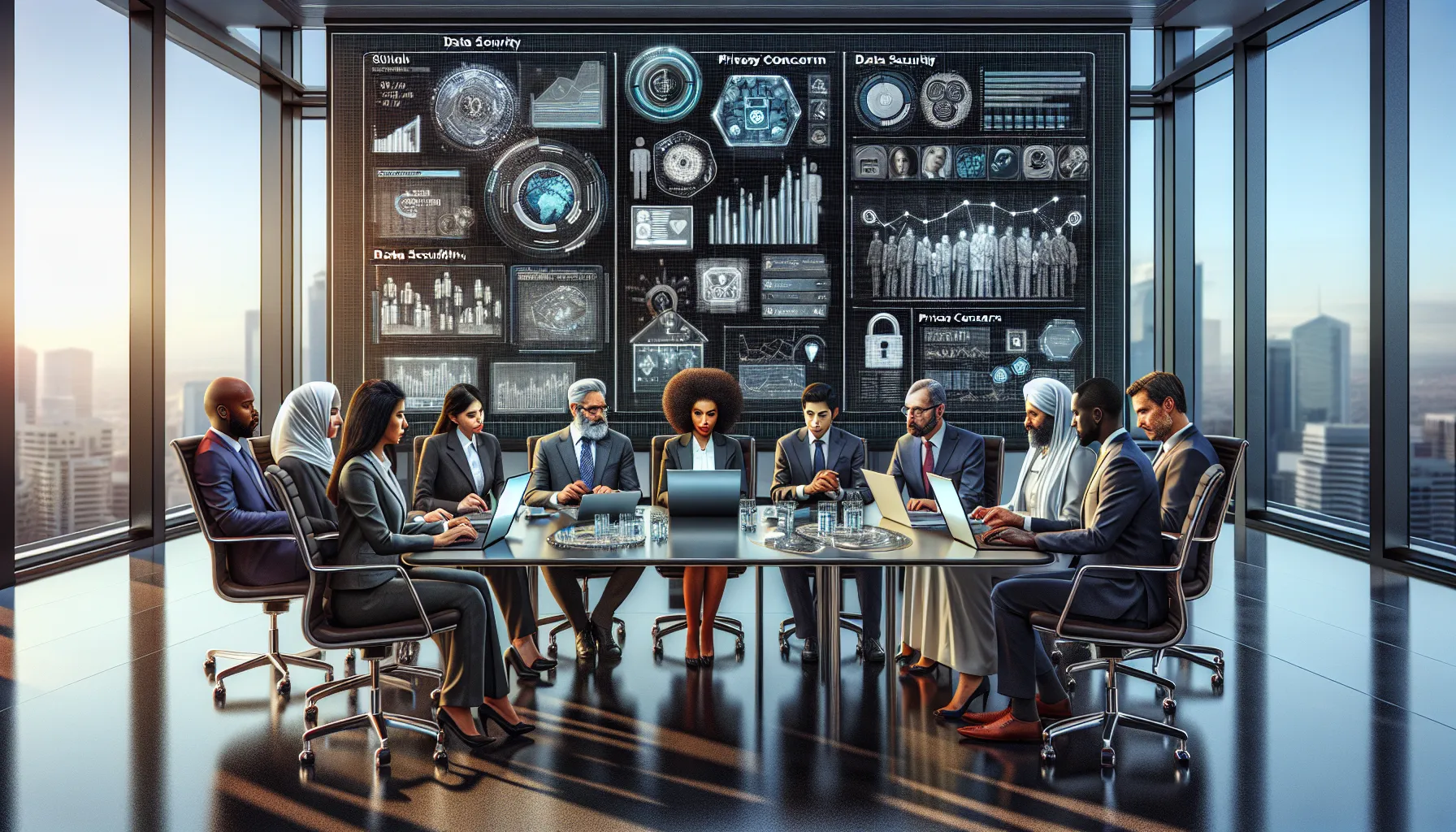 diverse professionals discussing data security and digital accessibility in a modern office.