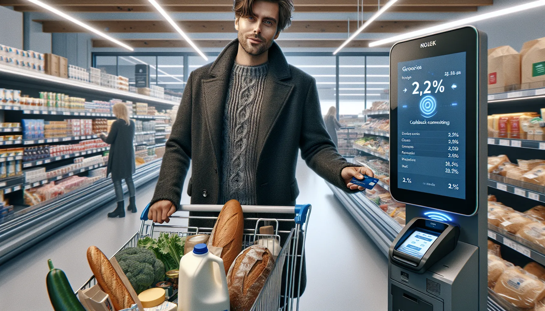 Hvordan bruke kredittkort for å tjene cashback på dagligvarer 2 Norwegian shopper paying for groceries with a credit card showing visible cashback savings.