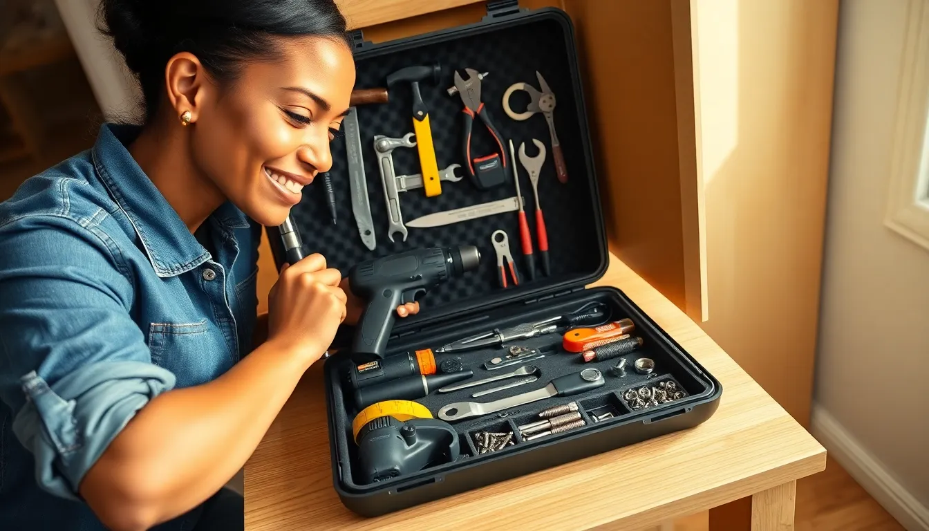 Person using a compact open tool kit to fix a kitchen cabinet hinge.
