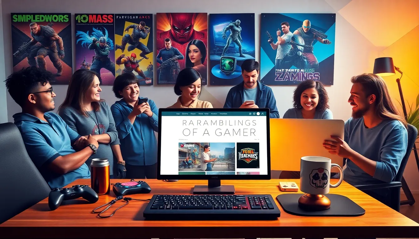 A diverse group of gamers collaborating around a modern desk with gaming gear.