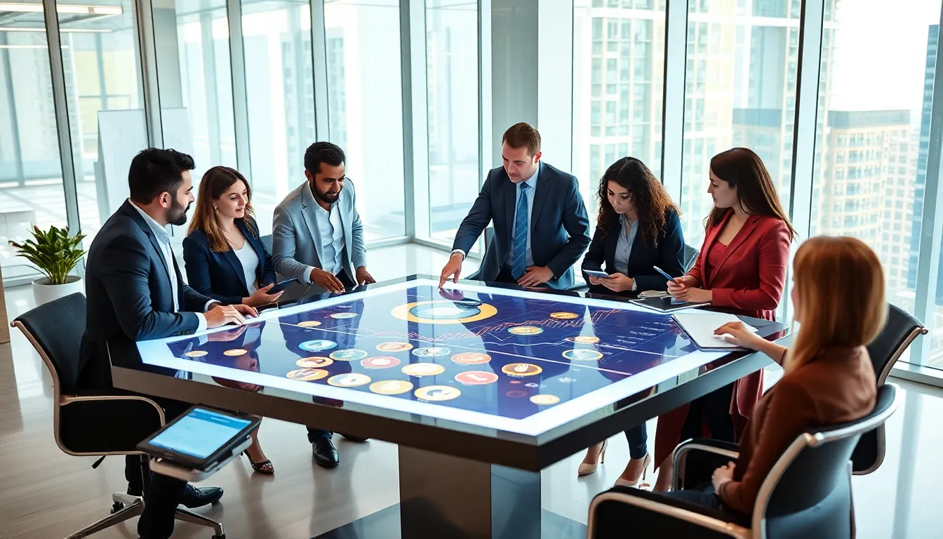 diverse team discussing cryptocurrency in a modern office.
