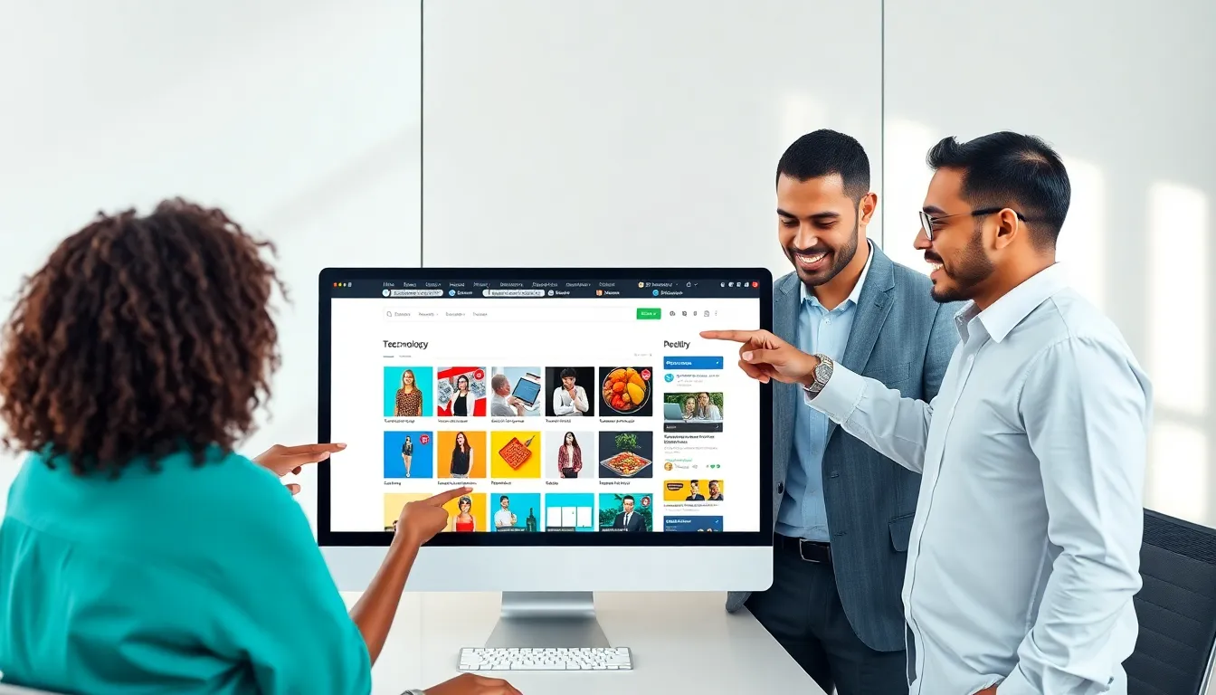 professionals discussing content on a computer in a modern office.