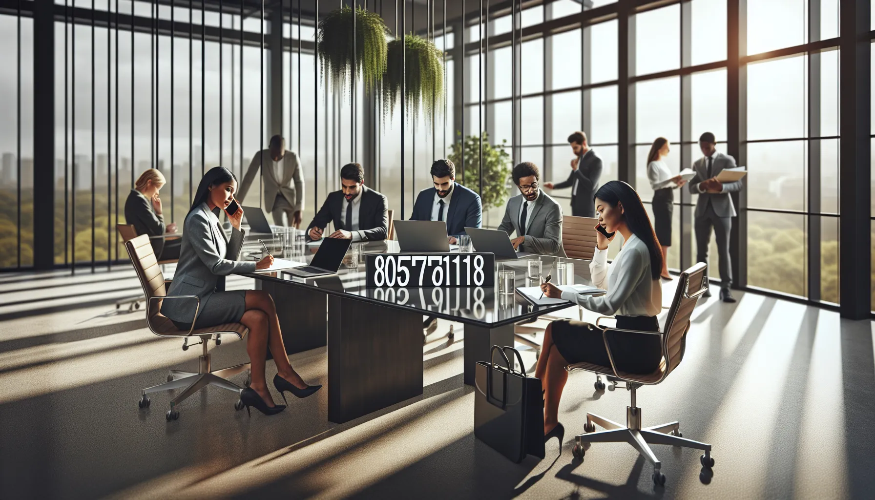 diverse team discussing a business phone number in a modern office.