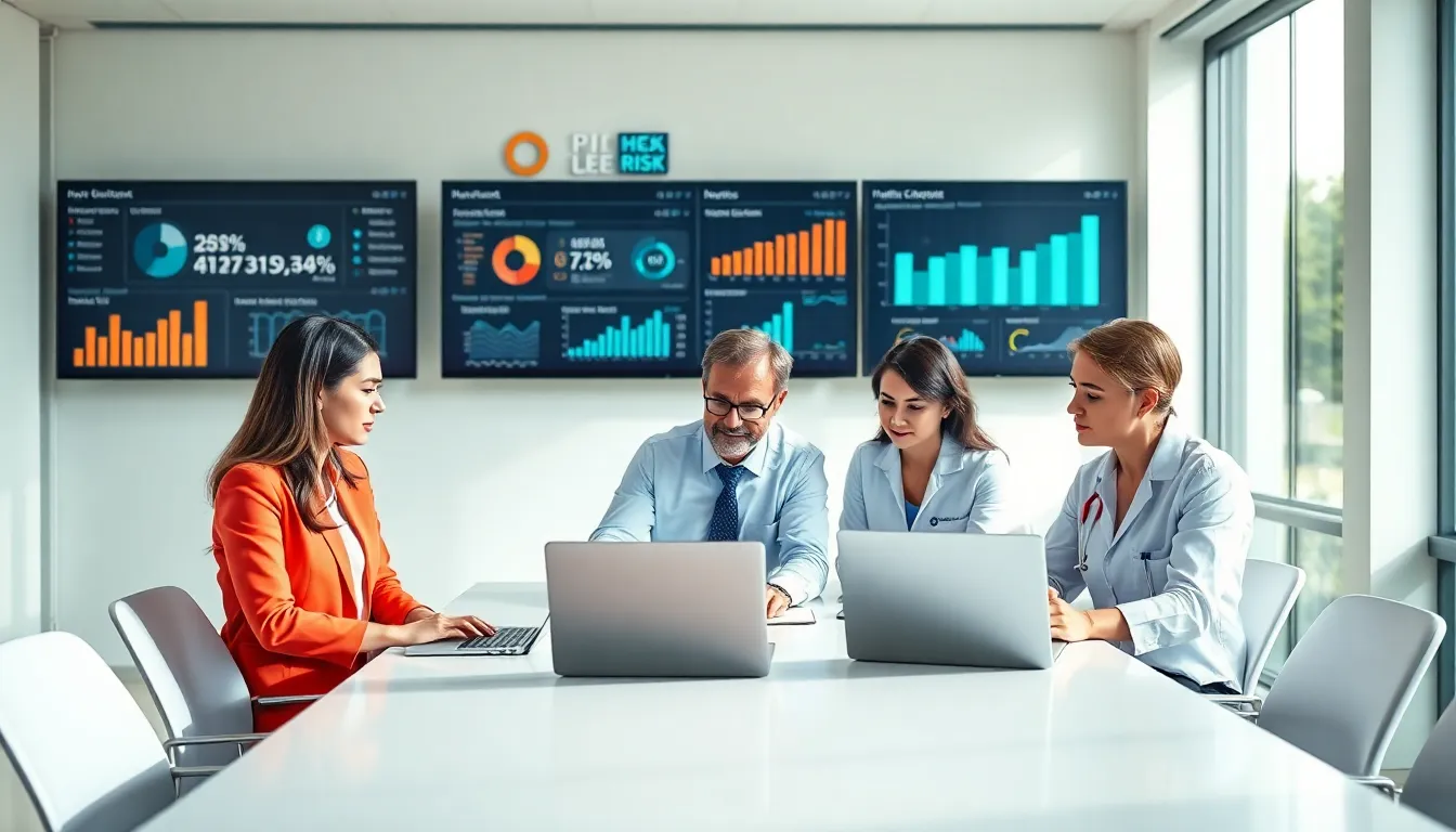 diverse healthcare team discussing risk management strategies in a modern office.