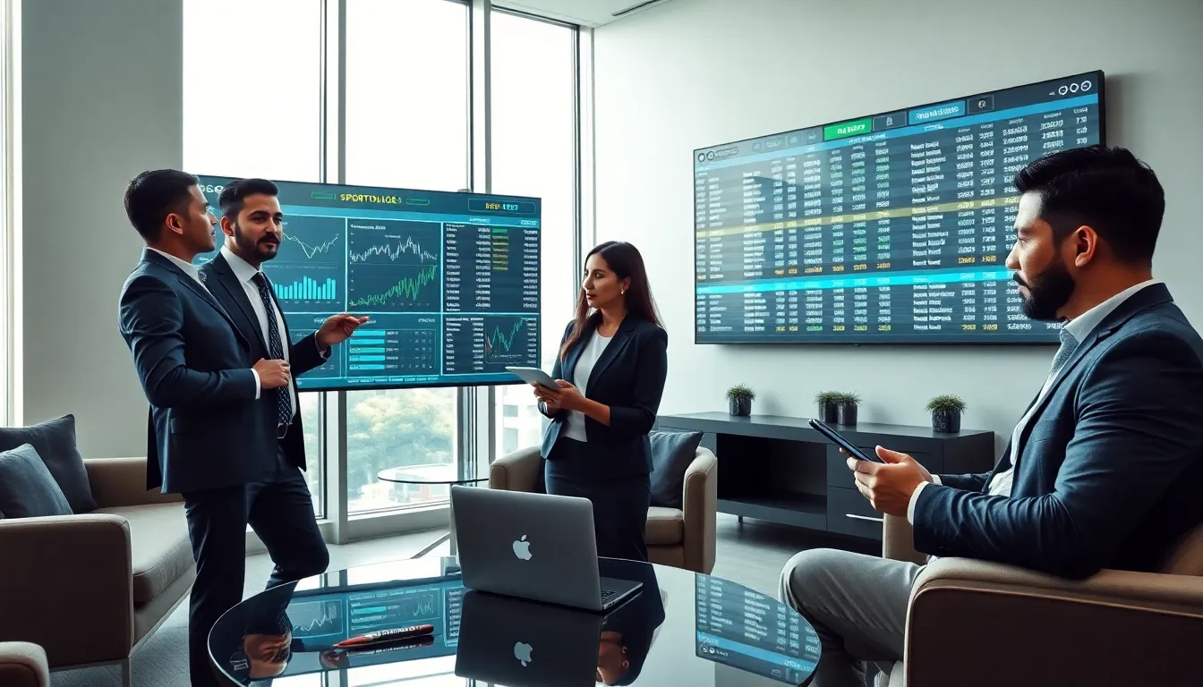 diverse team of bookmakers in a modern office discussing sports betting strategies.