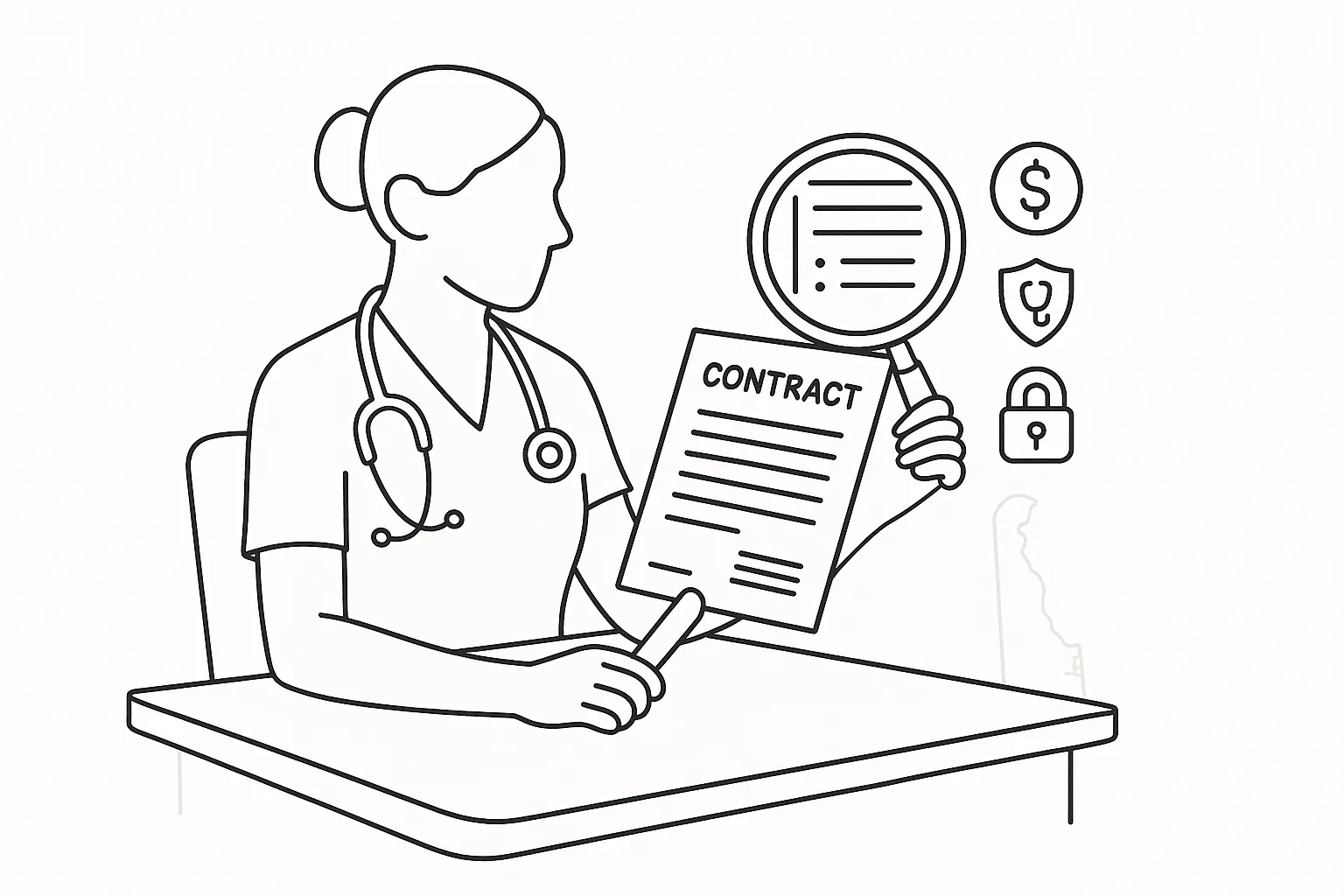 Nurse practitioner examining a contract with magnifying glass and three risk icons of Delaware Nurse Practitioner Contract Review.
