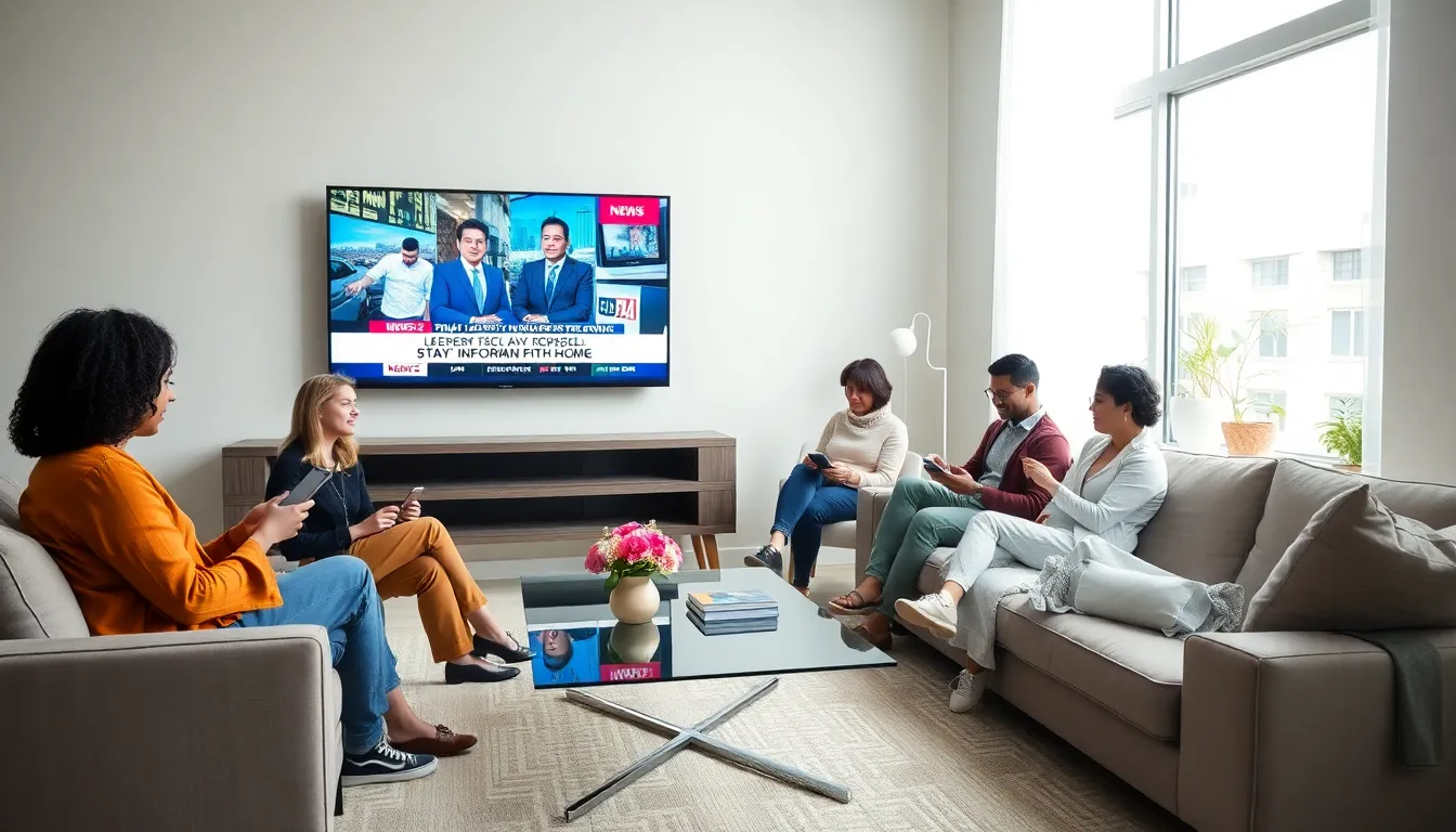 diverse group watching news together in a modern living room.