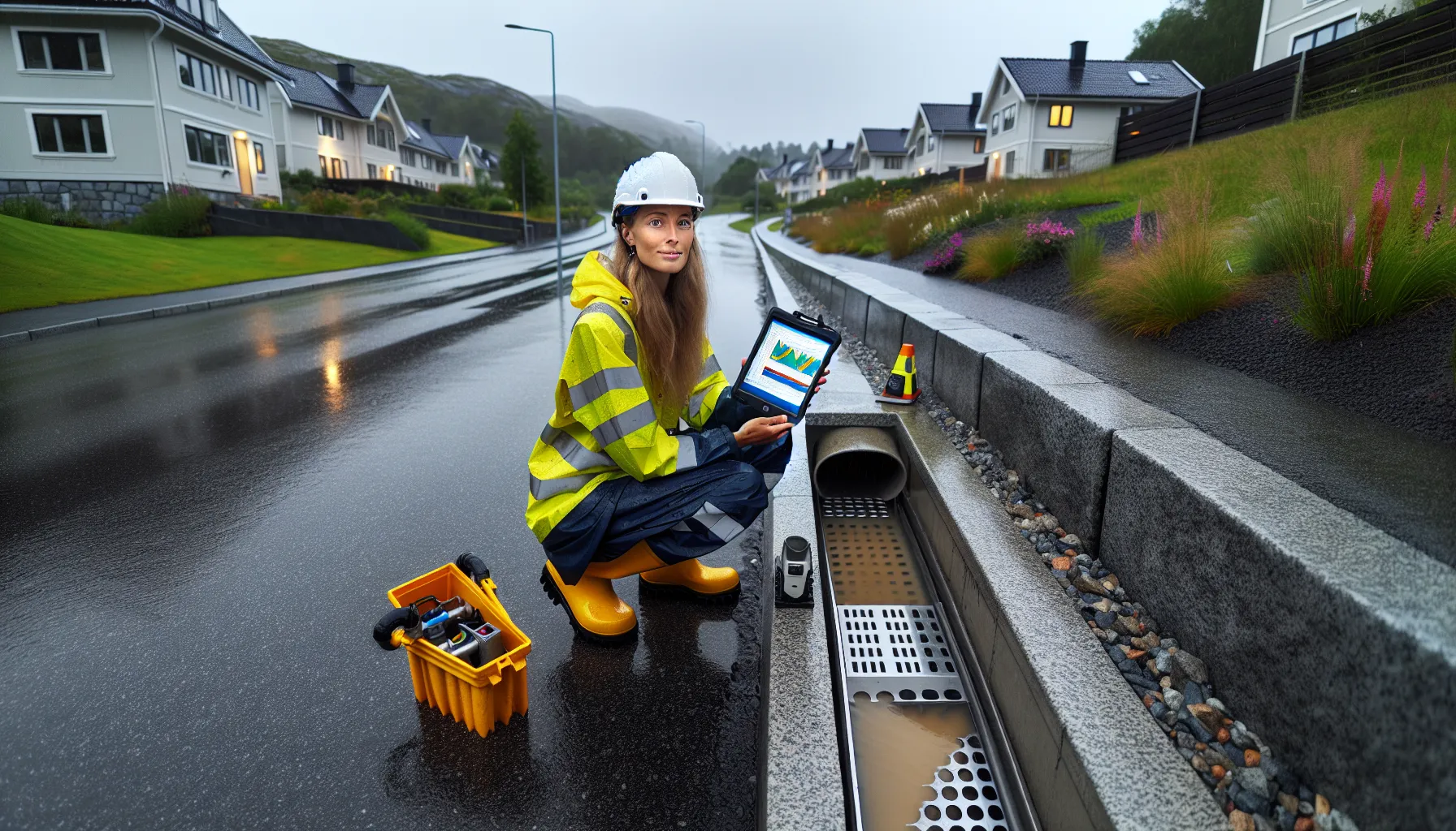 Engineer tests rain garden and permeable paving for stormwater compliance in norway.
