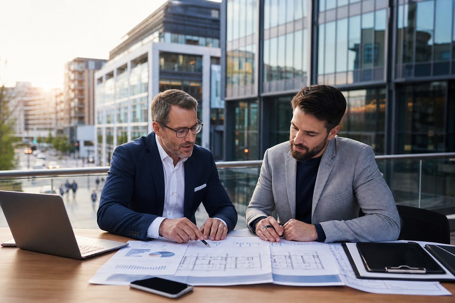 Financial consultant and investor reviewing commercial property plans on a terrace overlooking modern office buildings in soft morning light.