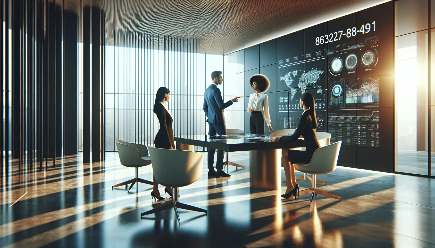 diverse professionals discussing data in a modern office.