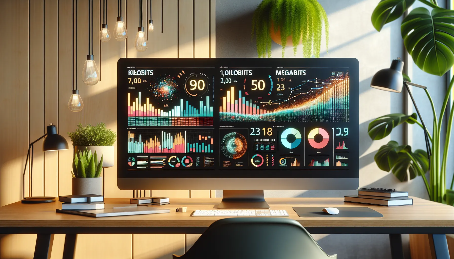 a computer setup showing a comparison of KB and MB data transfer rates.