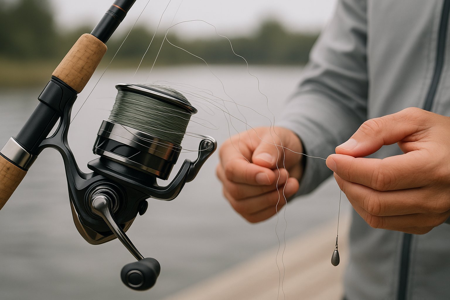 Close-up of a spinning reel showing twisted fishing line and slack loops.