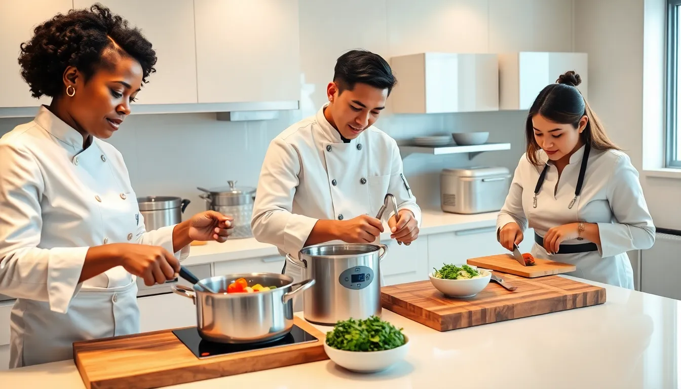diverse chefs showcasing various cooking techniques in a modern kitchen.