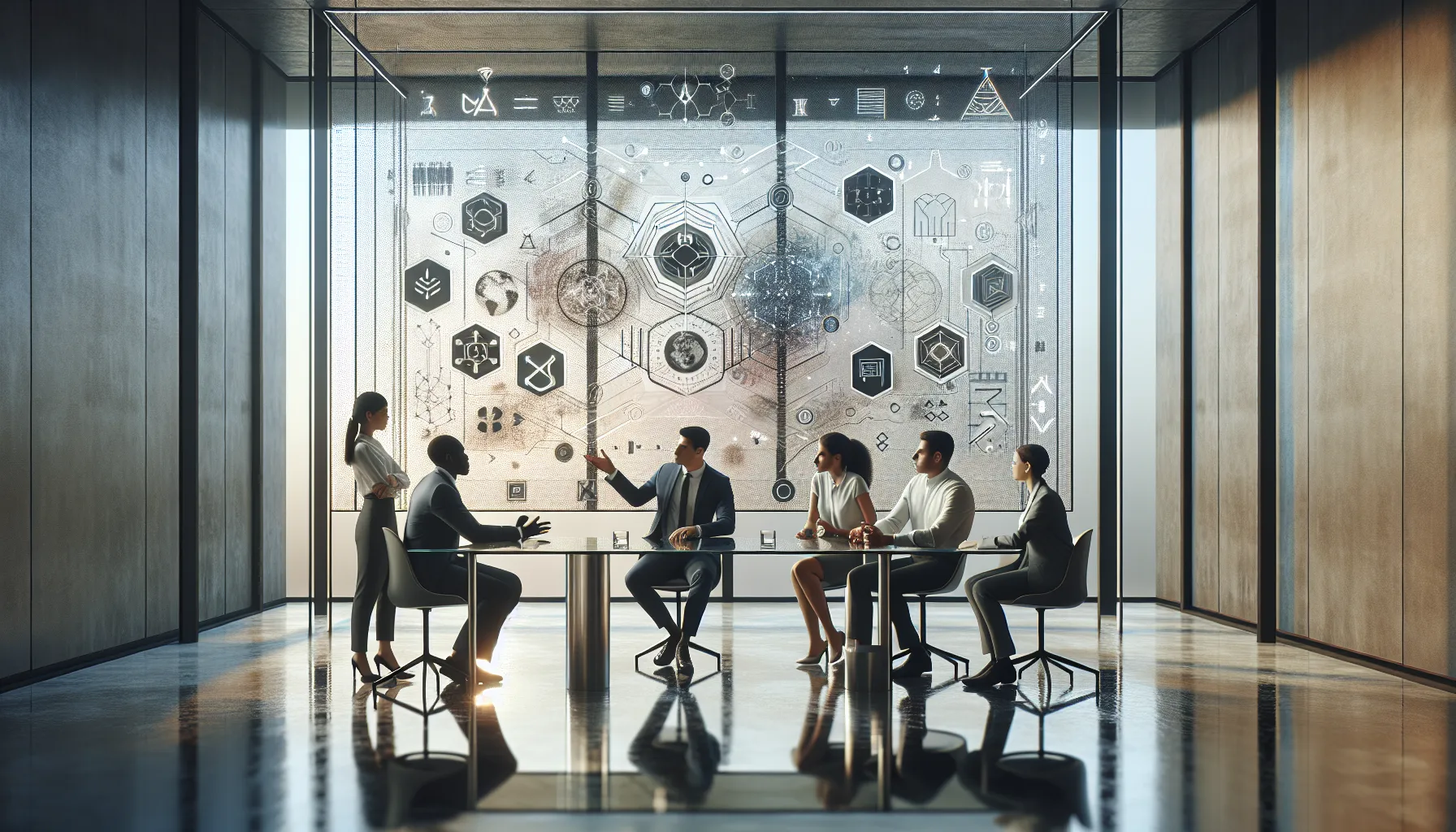 diverse team discussing signs and symbols in a modern office.