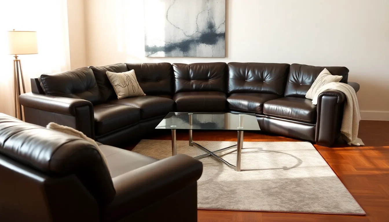 elegant leather living room with modern decor.