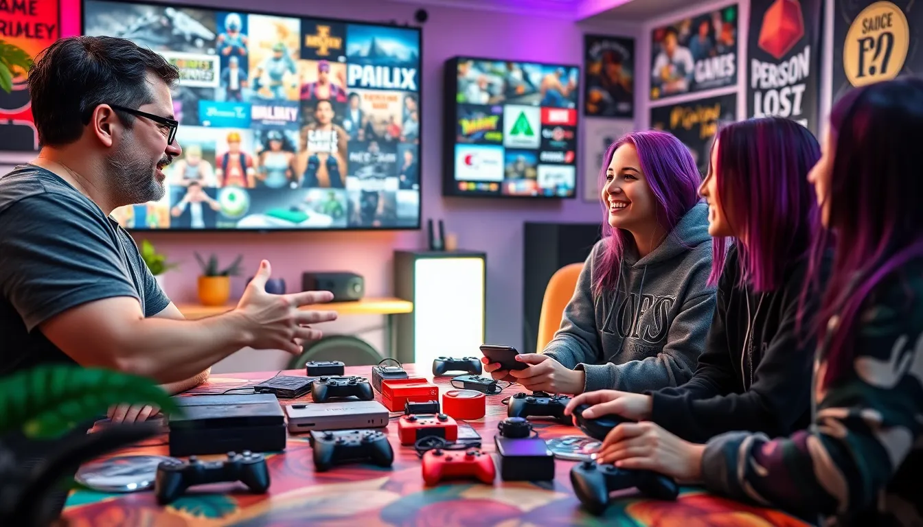 diverse gamers engaged in discussion in a cozy gaming community space.