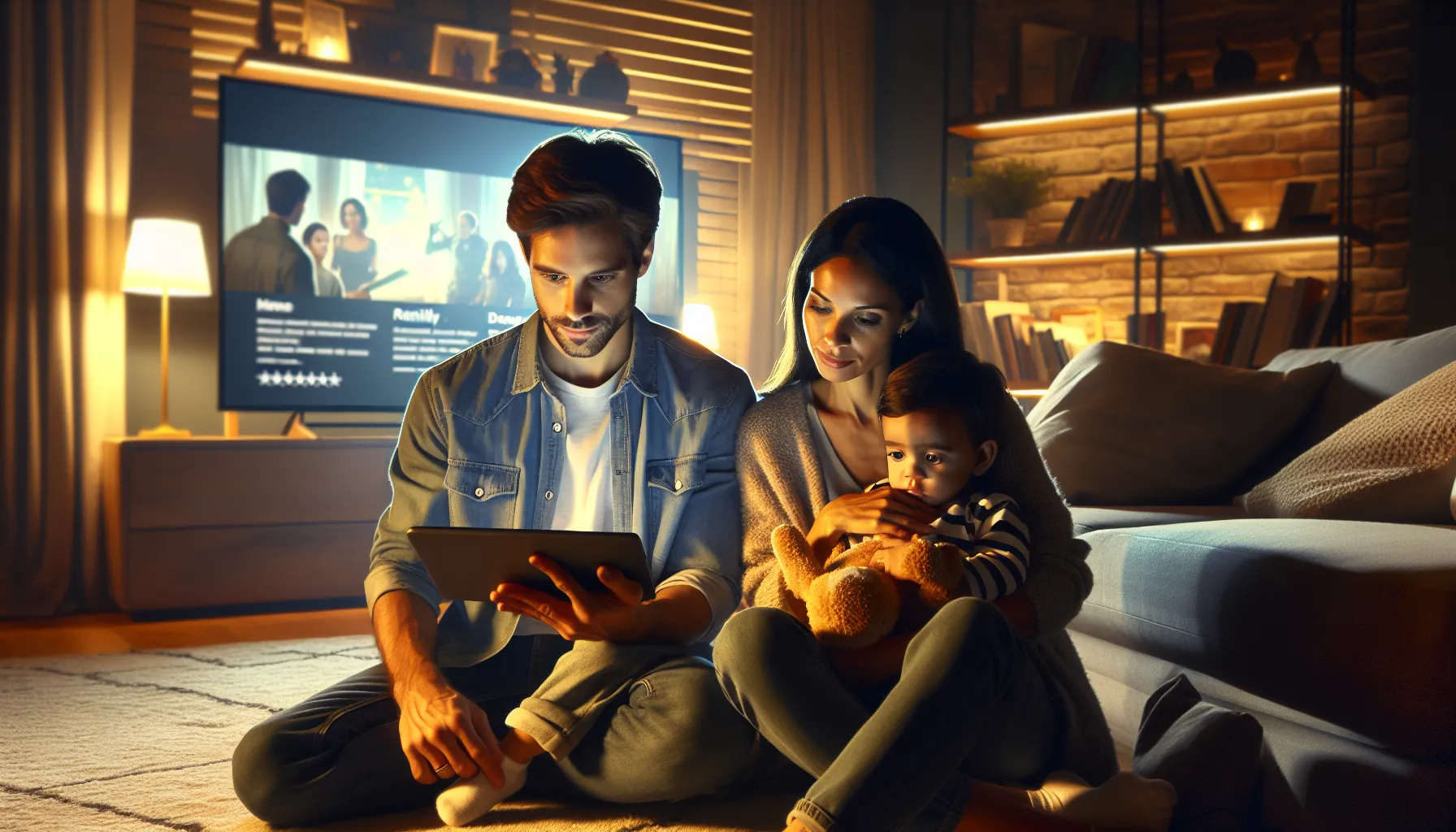 A family choosing a movie together using a tablet.