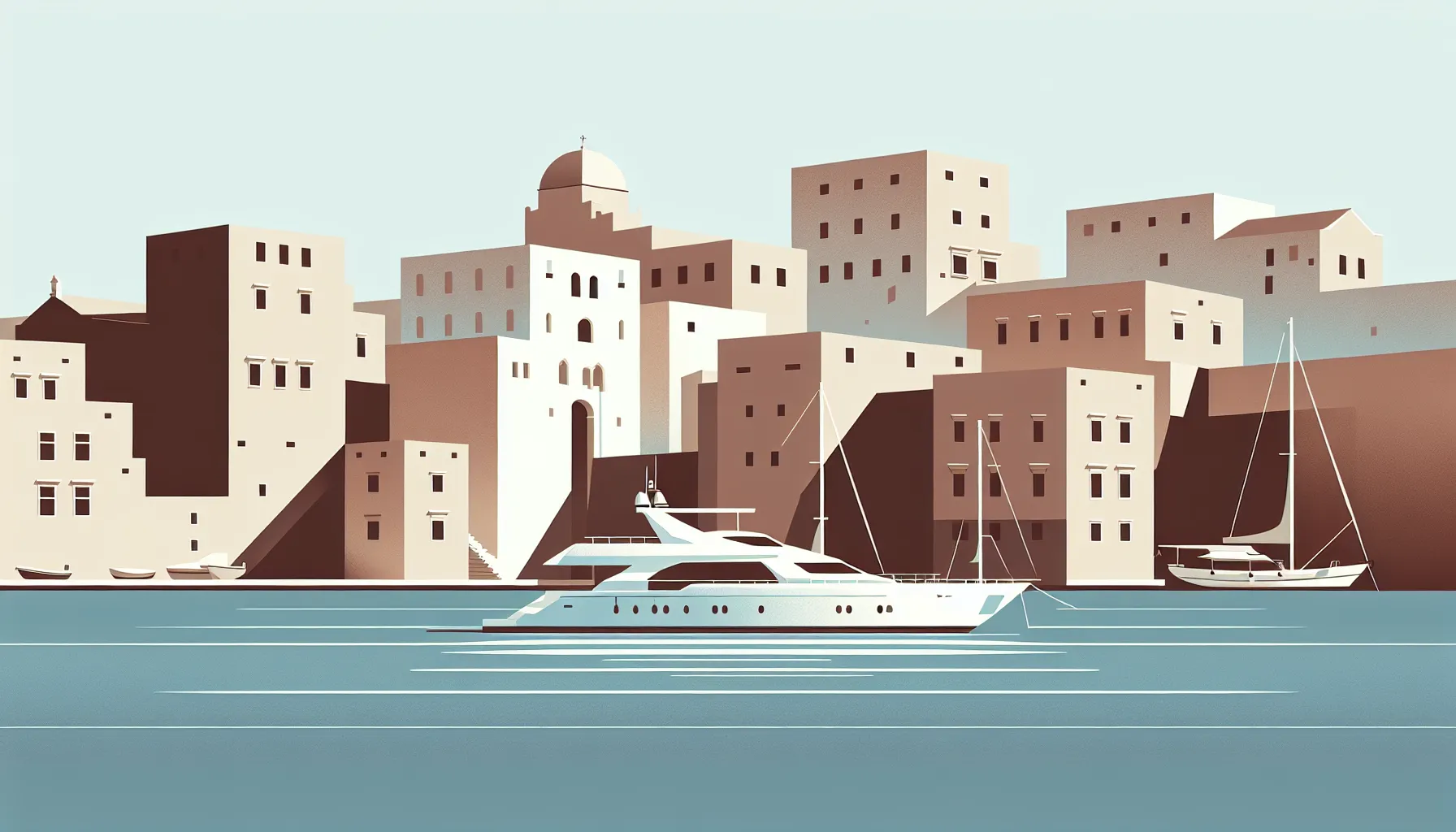 Split harbor with white yacht and Diocletian's Palace in minimalist style