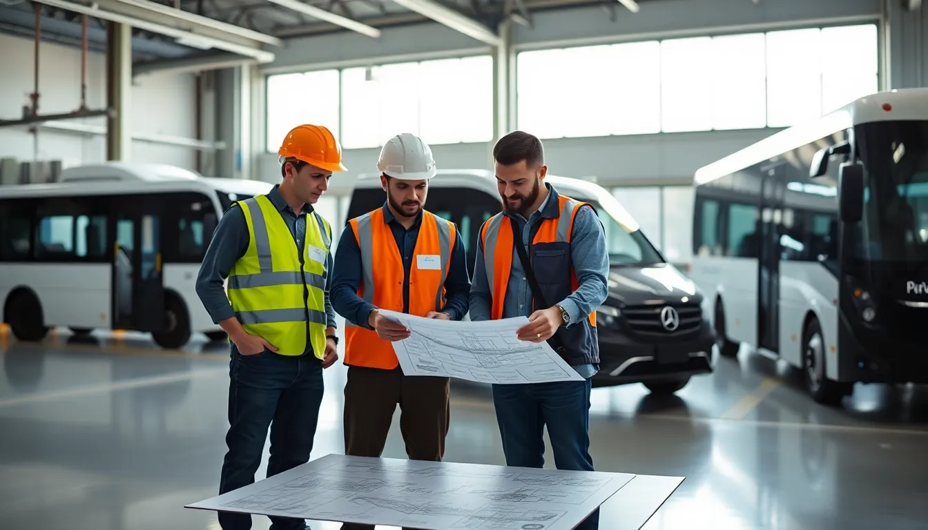 diverse team collaborating in a modern electric vehicle microfactory.
