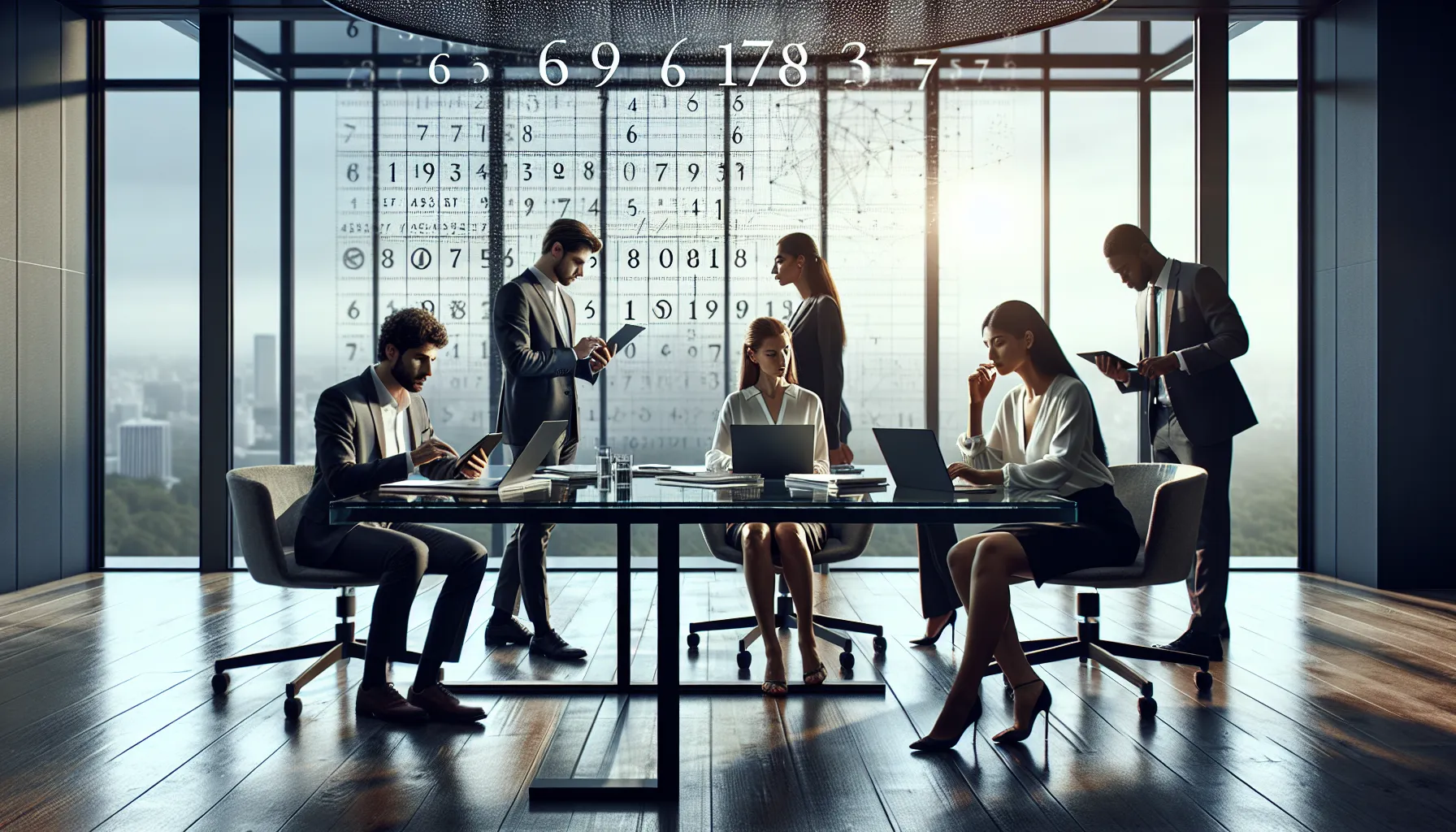 diverse team analyzing numerological data in a modern office.