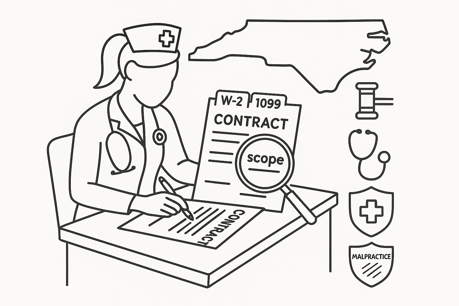 Nurse practitioner reviewing a W-2/1099 contract with North Carolina map outline of North Carolina Nurse Practitioner Contract Review.