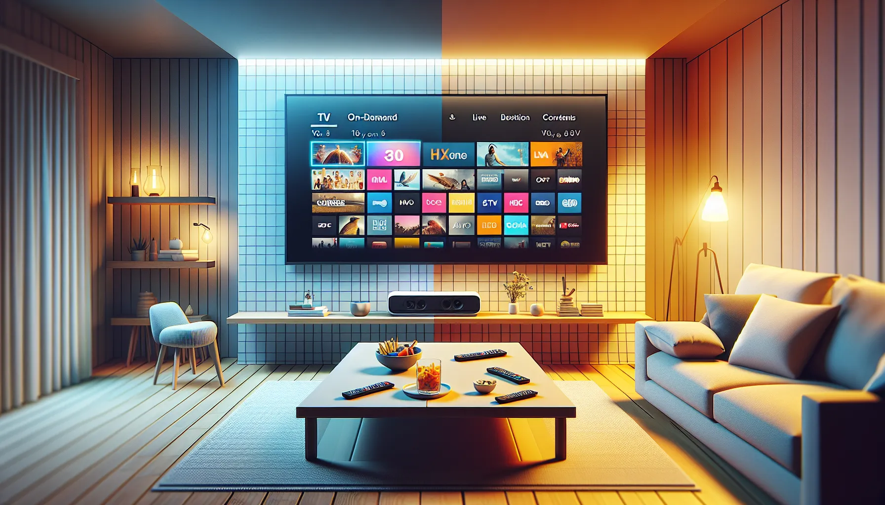 A living room showcasing a TV split-screen of Tubi and Pluto TV interfaces.