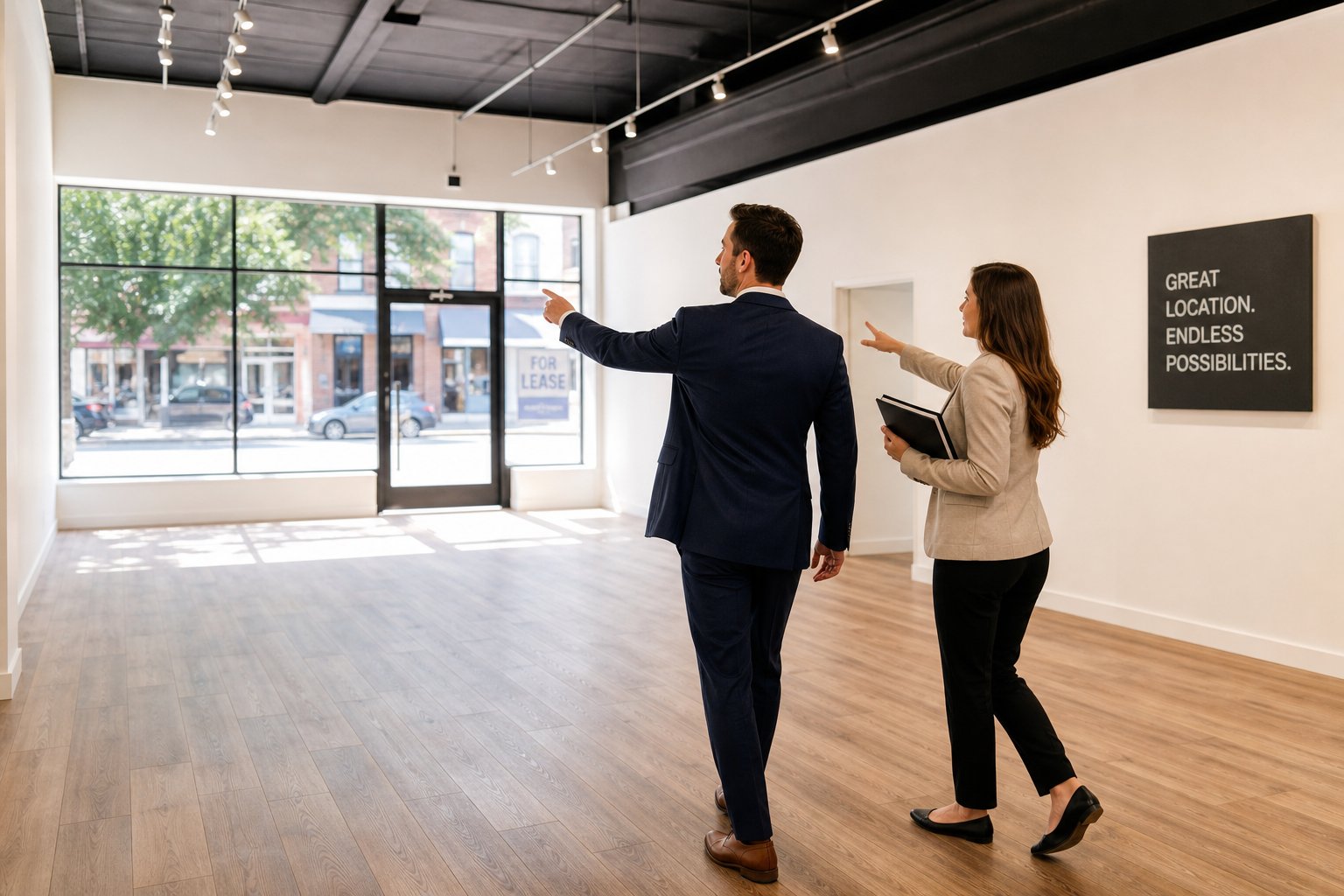 Mortgage consultant and prospective buyer viewing an empty retail unit in daylight.