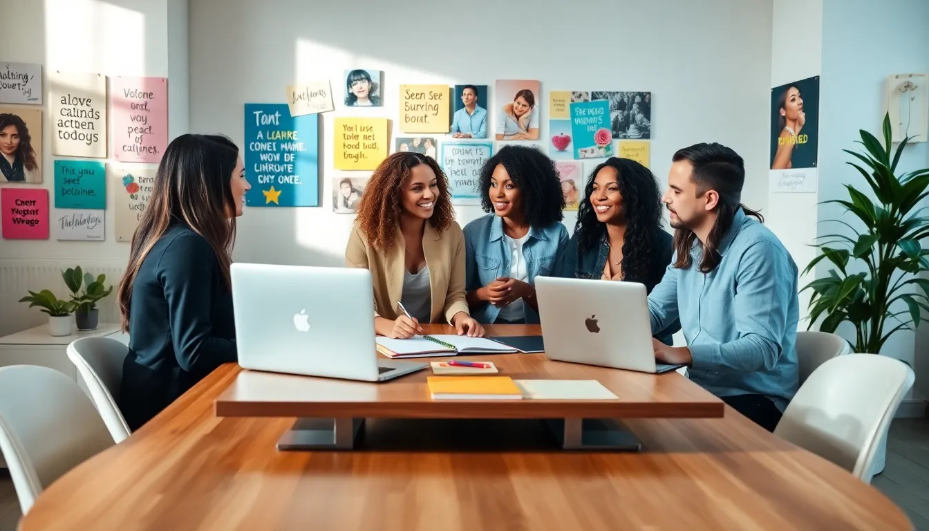 diverse team discussing in a vibrant, modern workspace.
