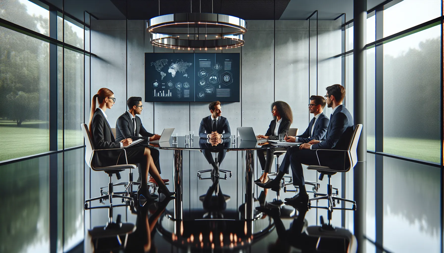 diverse professionals discussing doayods in a modern meeting room.
