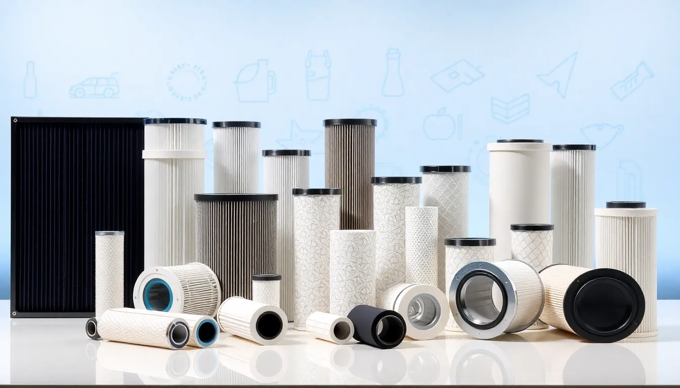 Modern display of advanced industrial filters on a white table.
