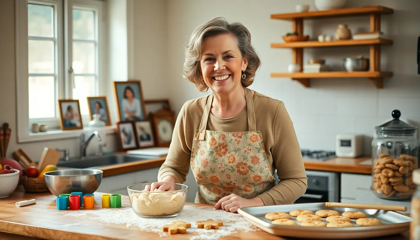 a woman baking cookies in a cozy home kitchen.