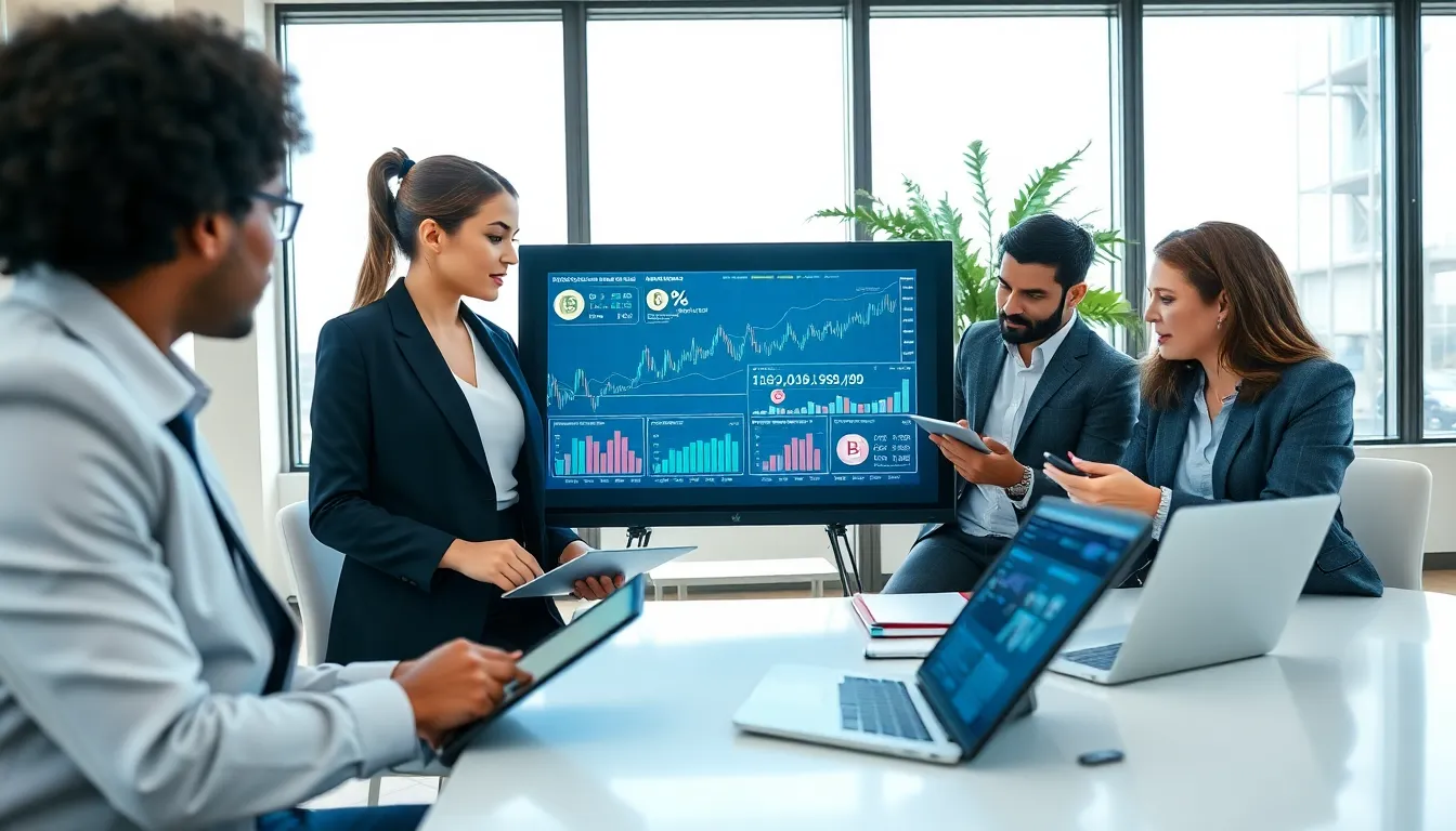 diverse professionals discussing cryptocurrency in a modern office.